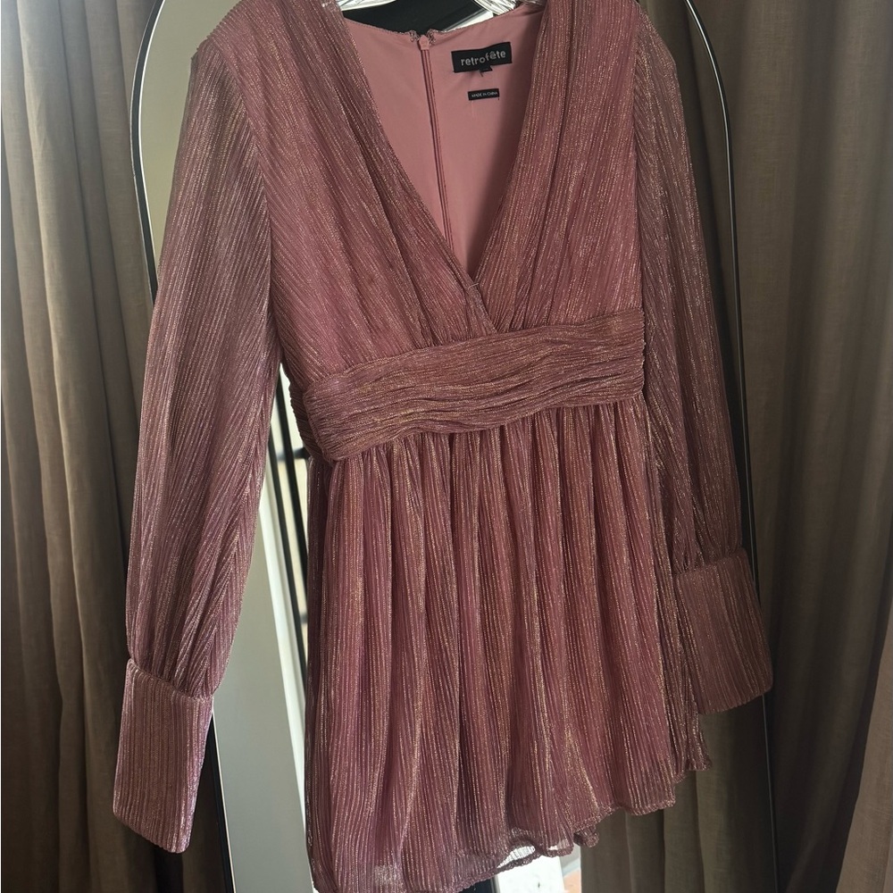 Retrofete Pink Babydoll Mini Dress with Plunge Neckline and Bishop Sleeves